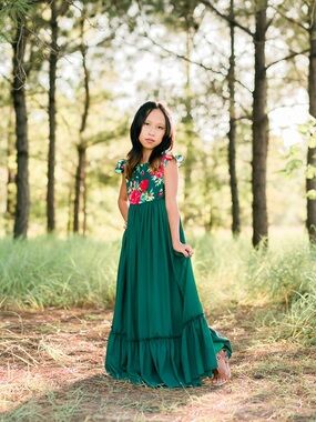 Girls Festive Holiday Vintage Inspired Green Floral Chiffon Maxi Dress, Sz 8